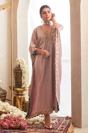 Silk kaftan with vintage Benaras yoke - Himiko