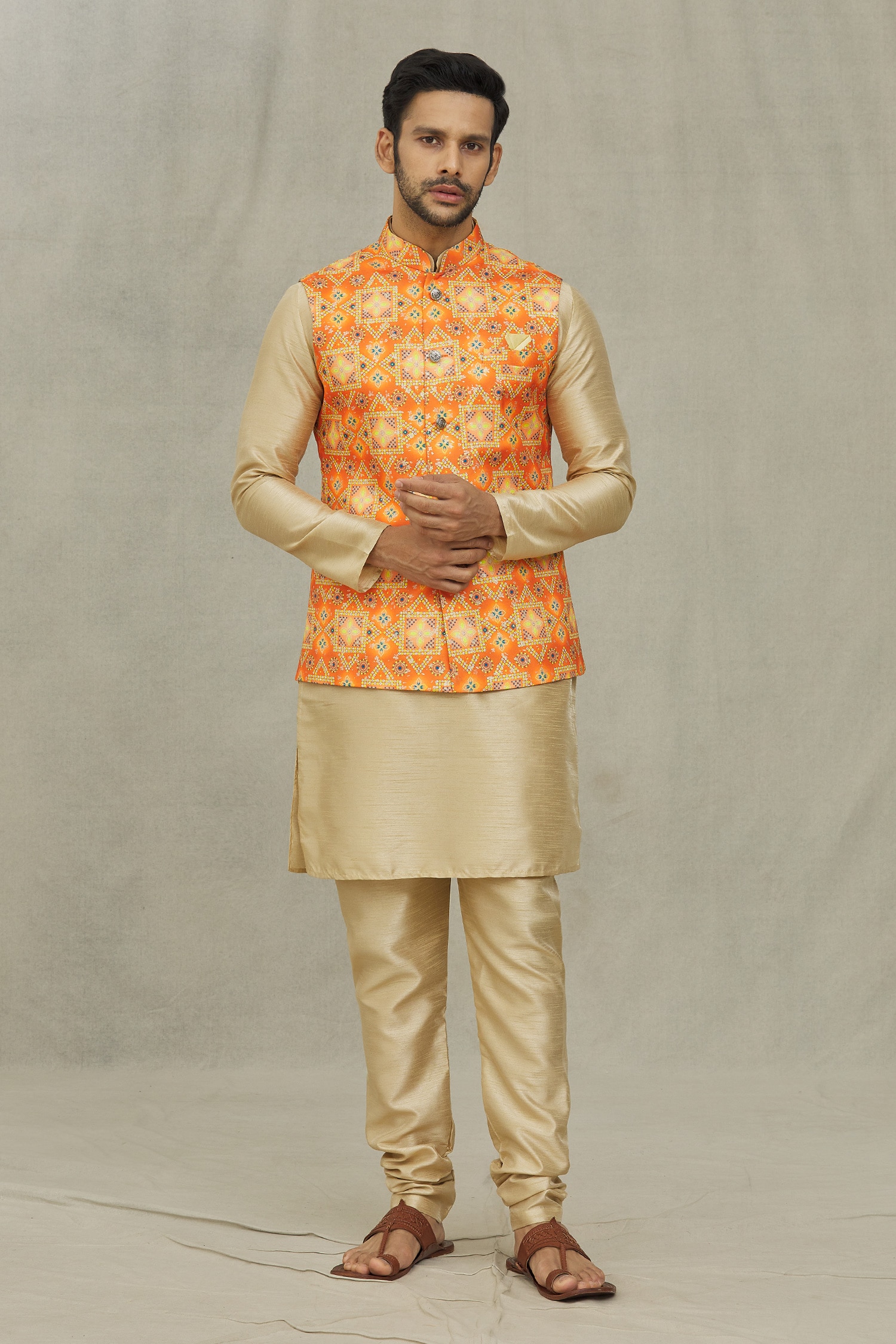 Buy Orange Soft Cotton Printed Bandhani Bundi For Men By Aryavir Malhotra Online At Aza Fashions