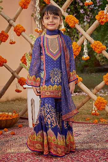 Girls Blue Coloured Printed Kurta With Sharara