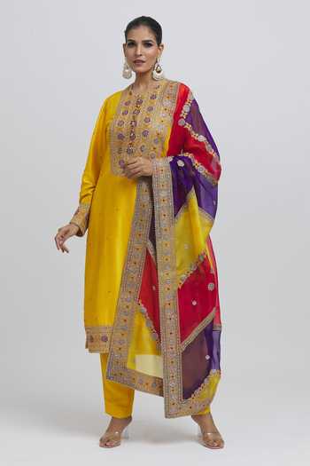 WomenCream Art Silk Embroidered Round Neck Kurta Sets