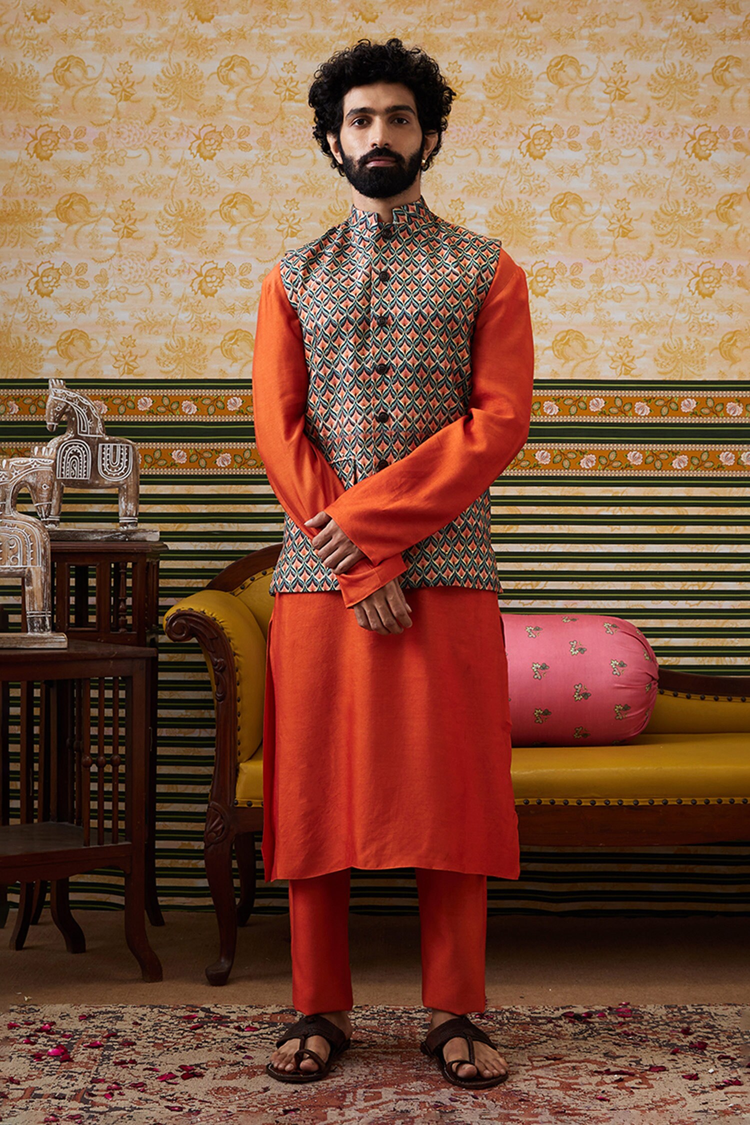 Buy Orange Kurta And Pant: Chanderi Embellished Bundi Geometric Adah ...