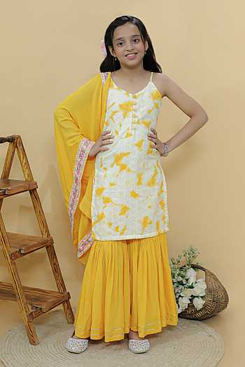 Girl's Yellow Bandhani Print Sleeveless Kurta Sharara Set with Dupatta