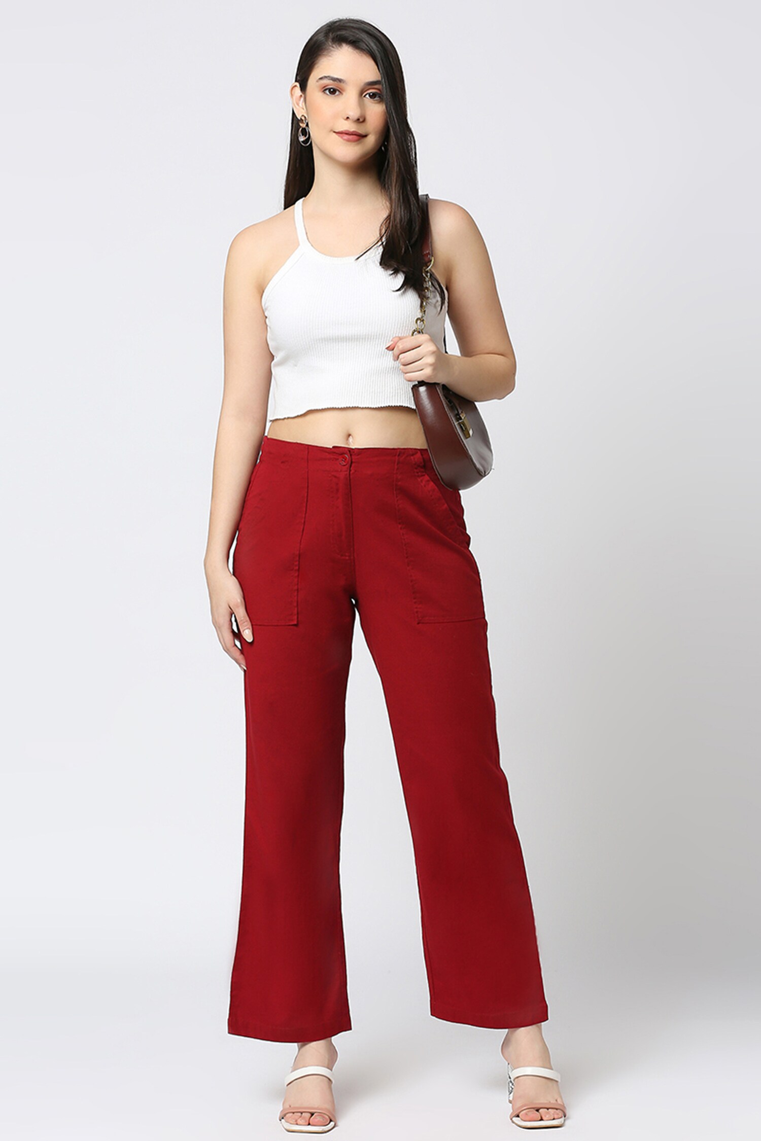 Buy Red Cotton Solid Pocketed Trouser For Women by Emblaze Online