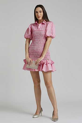 Floral Printed Shirt Collar Short Sleeves Shirt Dress Pink