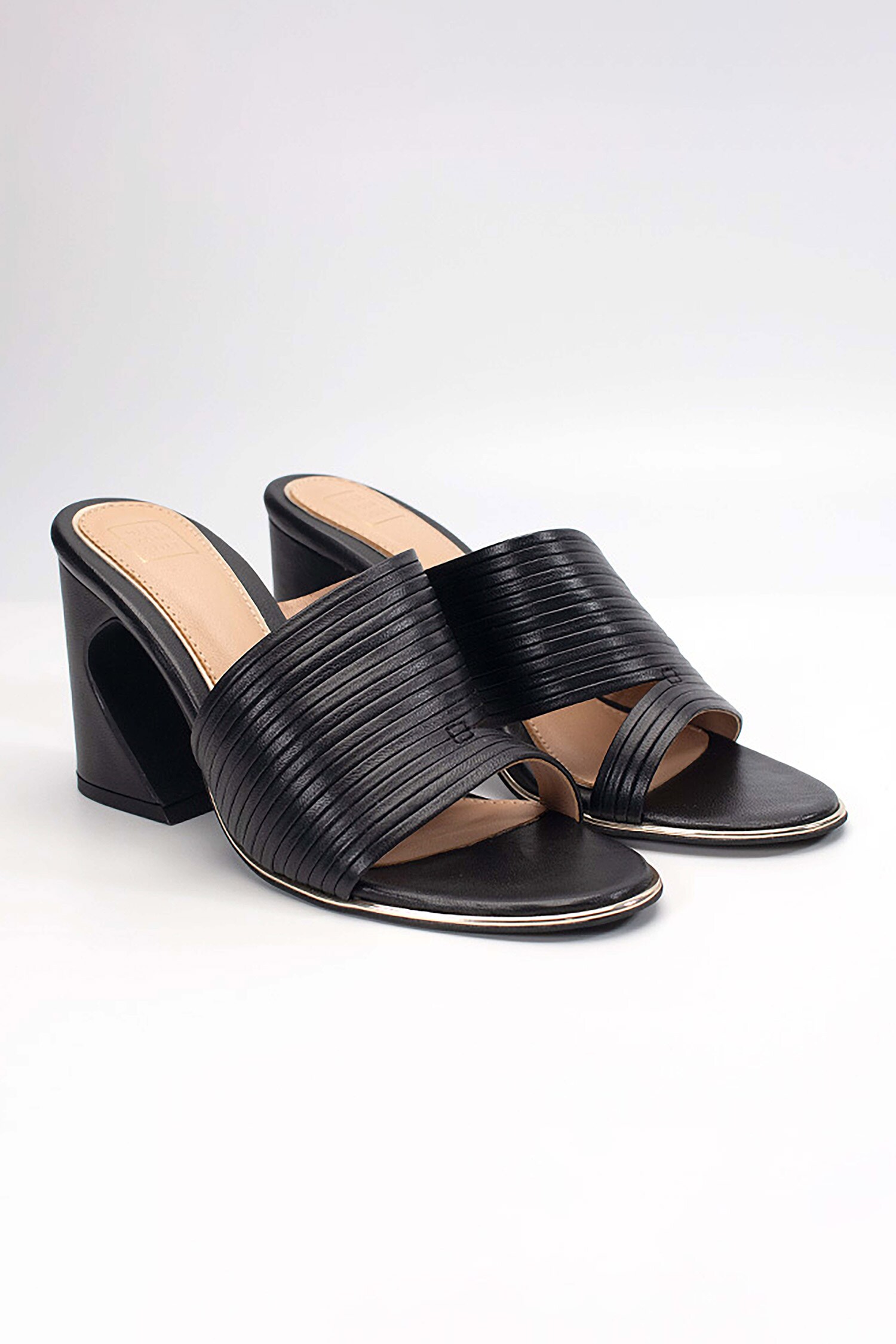 Buy Black Plain Kiko Striped Piping Cutout Strap Heels by Heel Your ...