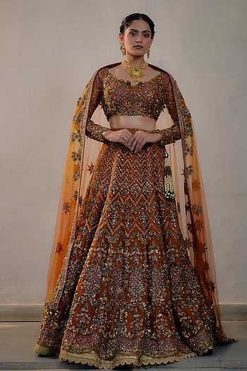 Keyara Orange Chinon Embroidery Work Lehenga Choli Set with Jacket