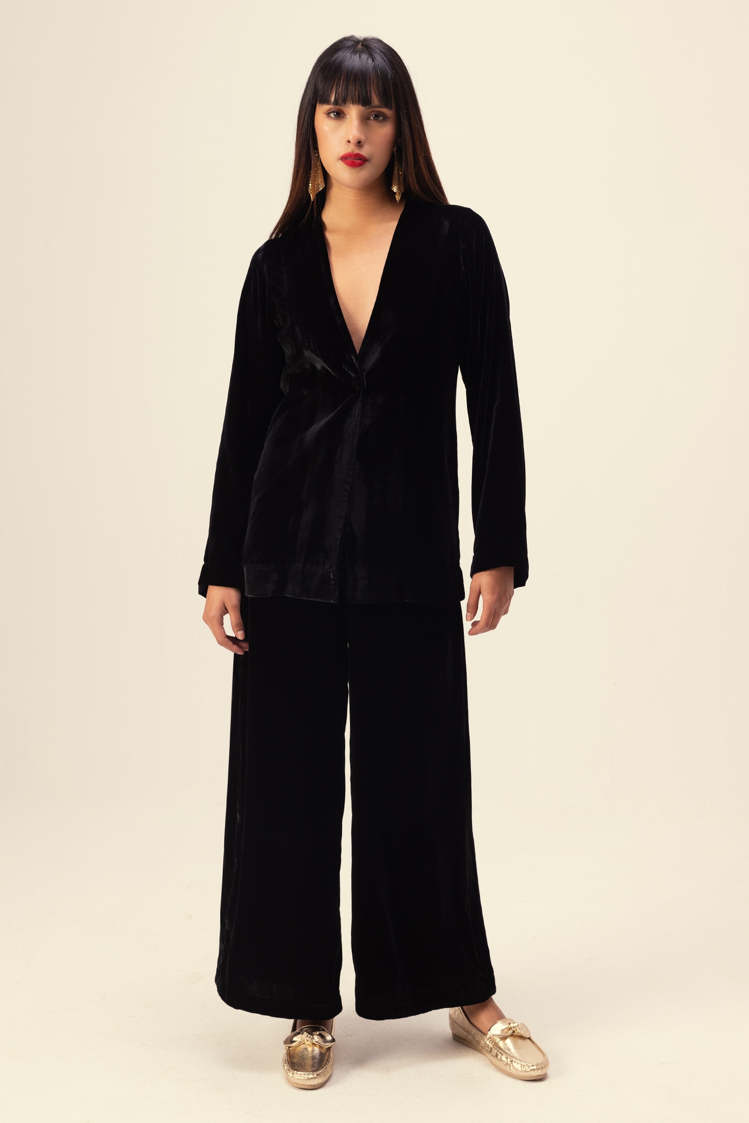 Buy Black Silk Velvet Plain Plunging V Neck Jacket With Pant For Women ...