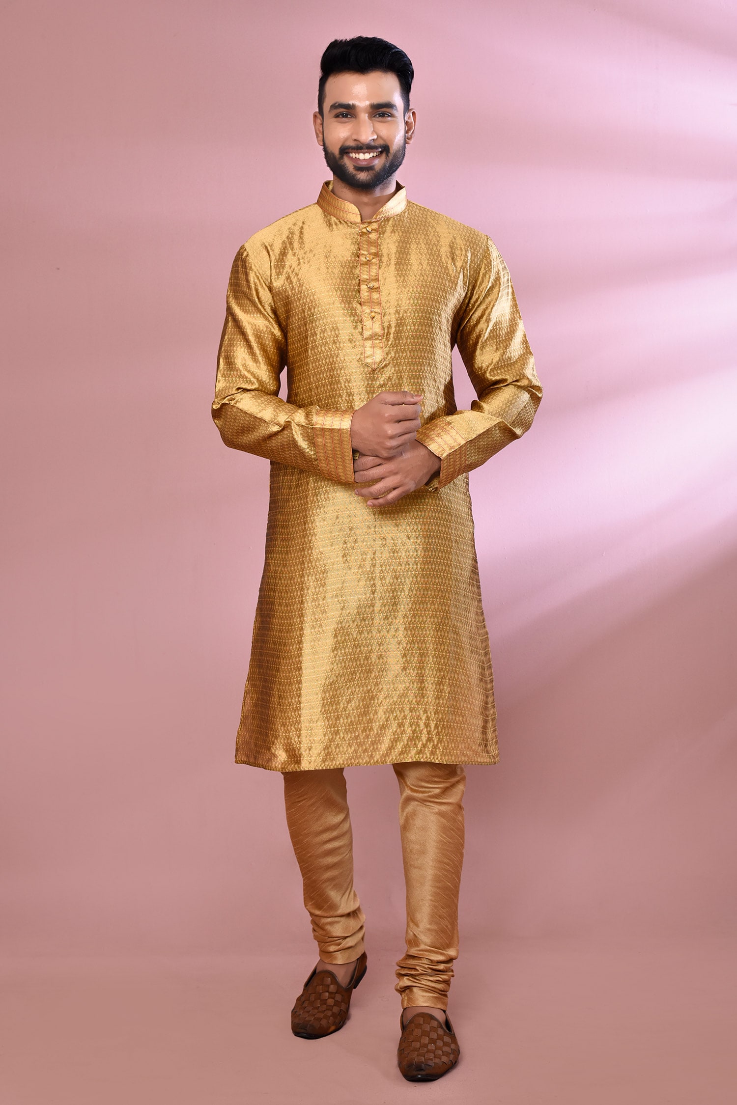 Buy Gold Kurta Jacquard Silk Woven Geometric Pattern And Churidar Set ...