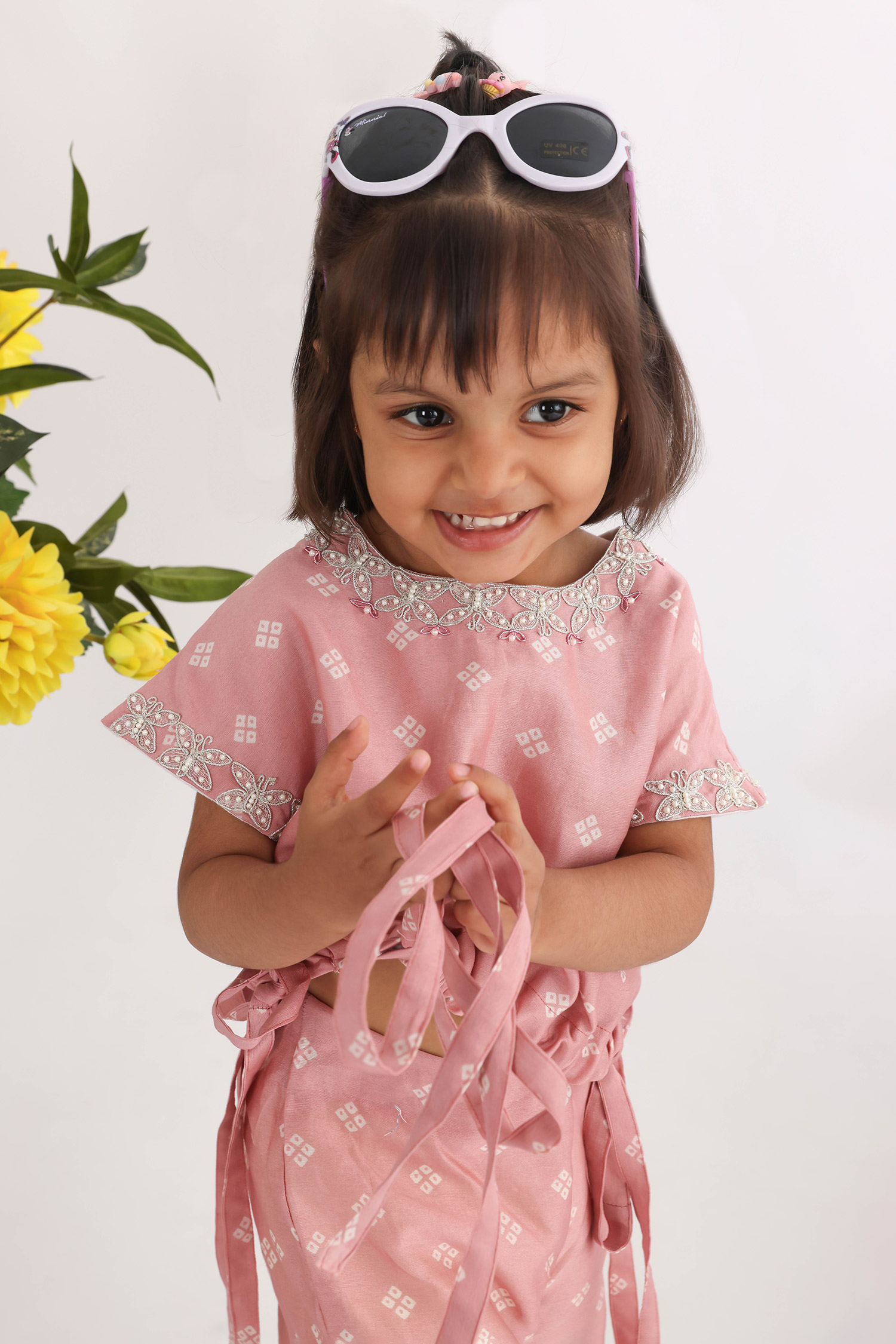 Buy Pink Organza Print Butterfly Lace Embellished Top With Palazzo For