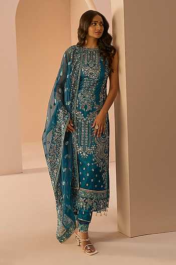 Solid Net Scalloped Edge Kurta Set