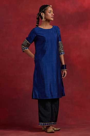 TISHITA | Women's White Net Lace Kurta Set | Black Floral Patch Panel Suit with Scallop Edges