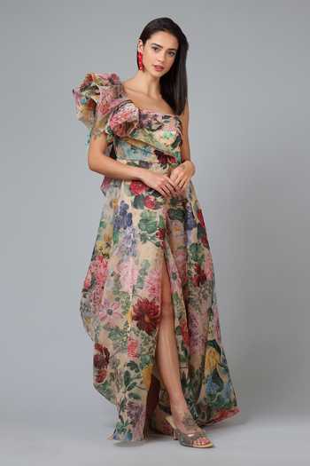 Geisha Designs Peach Polyester Print Floral Asymmetric Neck Margaret Gown| Aza Fashions| Cocktail,Party