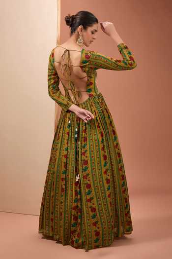 Yellow Viscose Chinon Digital Print Backless Anarkali With Dupatta For Women XS