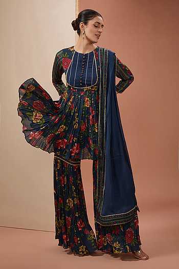 BLUE ANARKALI SHARARA SET