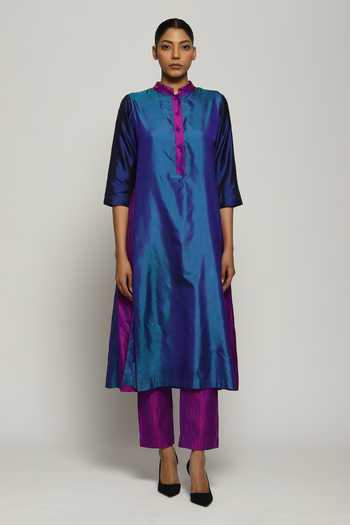 Blue - Fiza Slub Silk Straight Plain Kurta with Patchwork