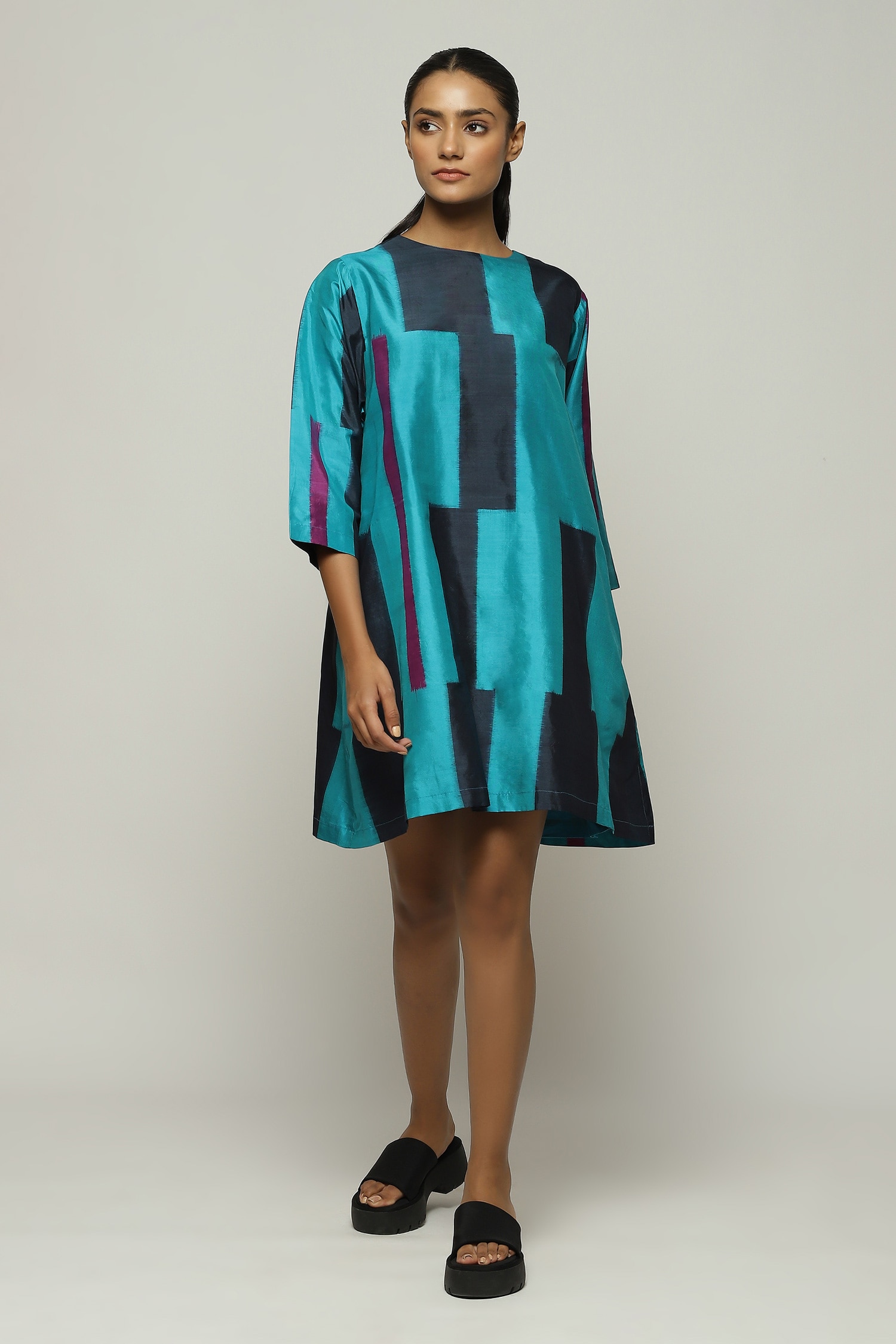 Buy Blue Silk Ikat Round Pattern Dress For Women by Abraham & Thakore ...