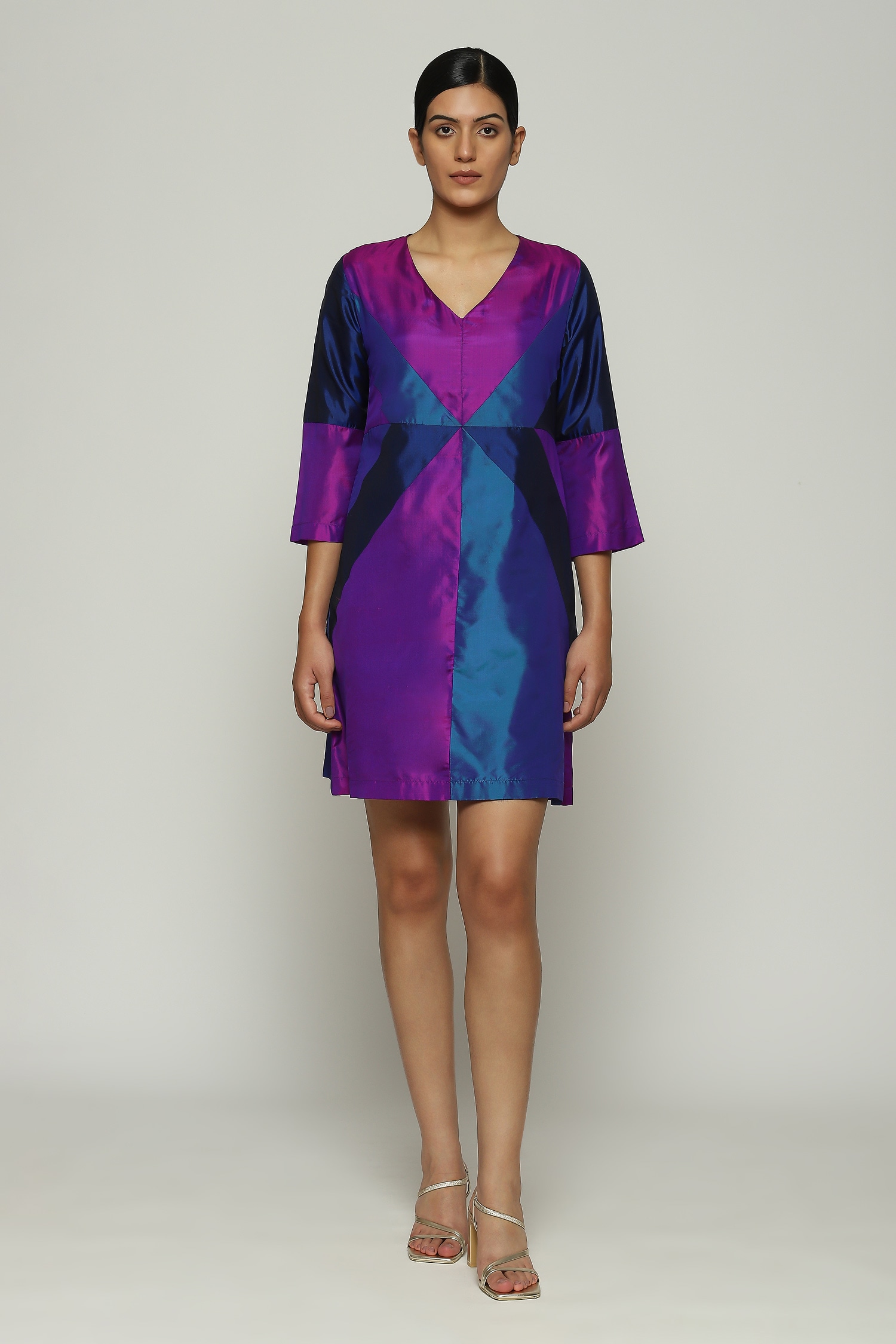 Buy purple silk plain v neck patchwork dress for women by abraham
