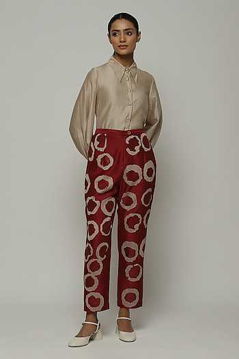 Buy Wine Chanderi Embroidered Aari And Sequin Pant For Women by Abraham ...