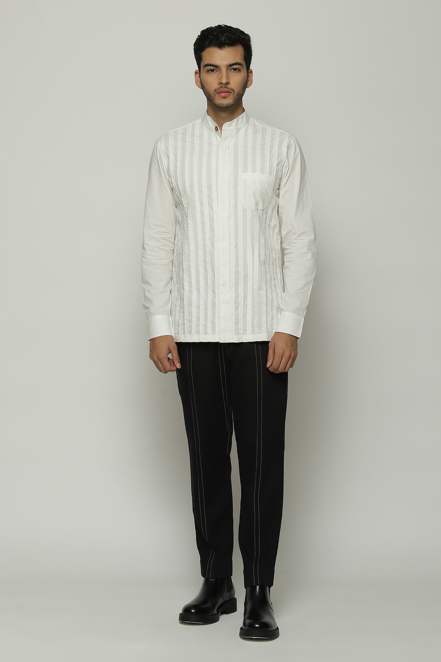 Buy Ivory Twill Pleated Button Down Shirt For Men by Abraham & Thakore