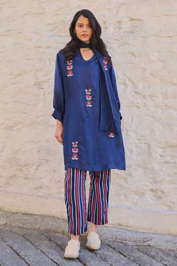 Blue & Ivory Viscose Dupion Printed Tunic  (1 PC)