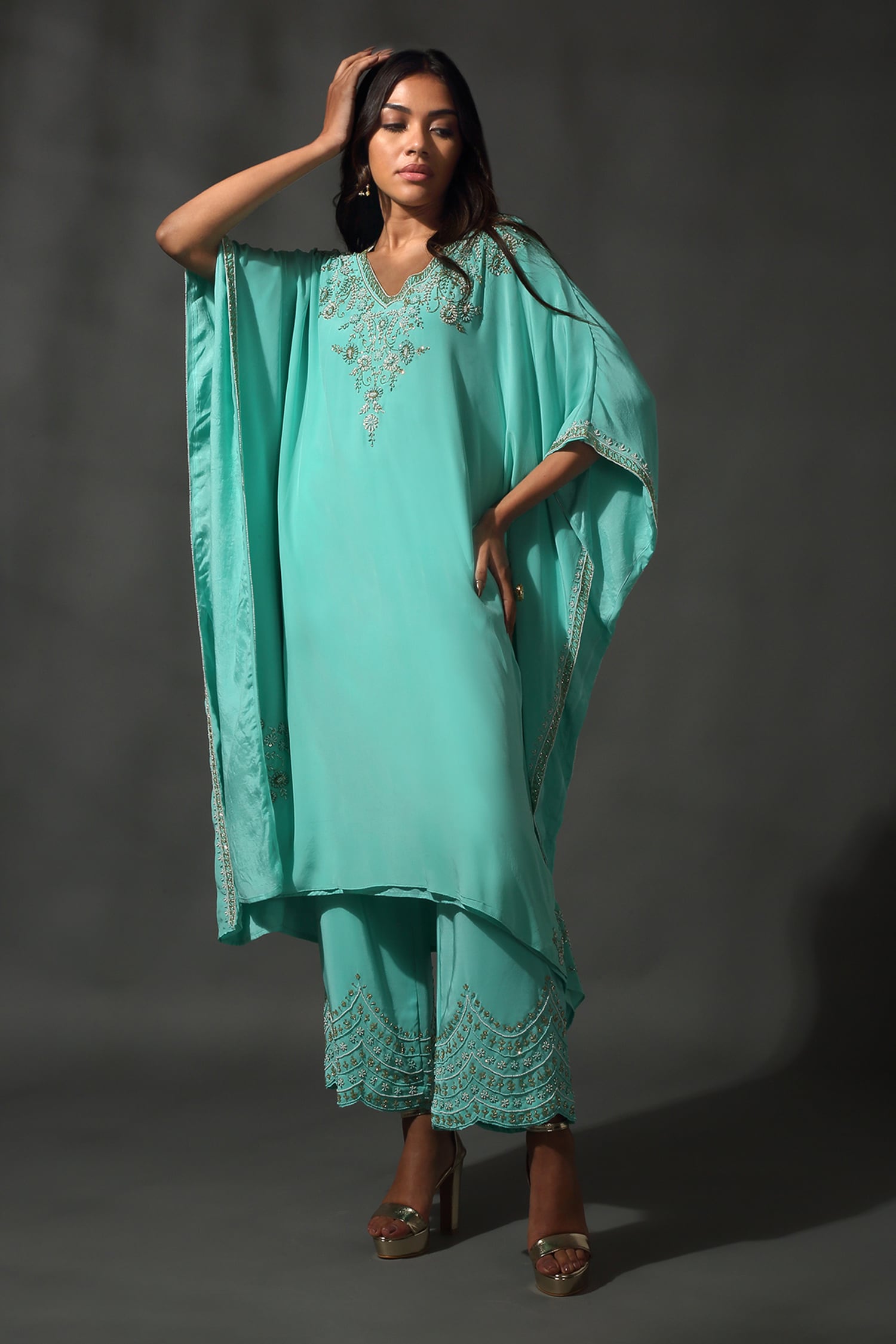 Buy Blue Sheesha Silk Embroidered Sequins Blossom Kaftan With Palazzo ...