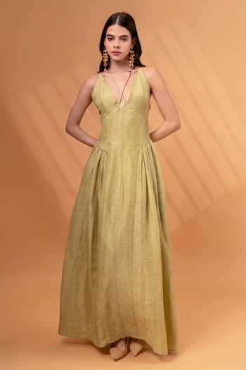 Buy Green 100% Cotton Linen Plain Criss Cross Neck Maxi Dress For Women ...