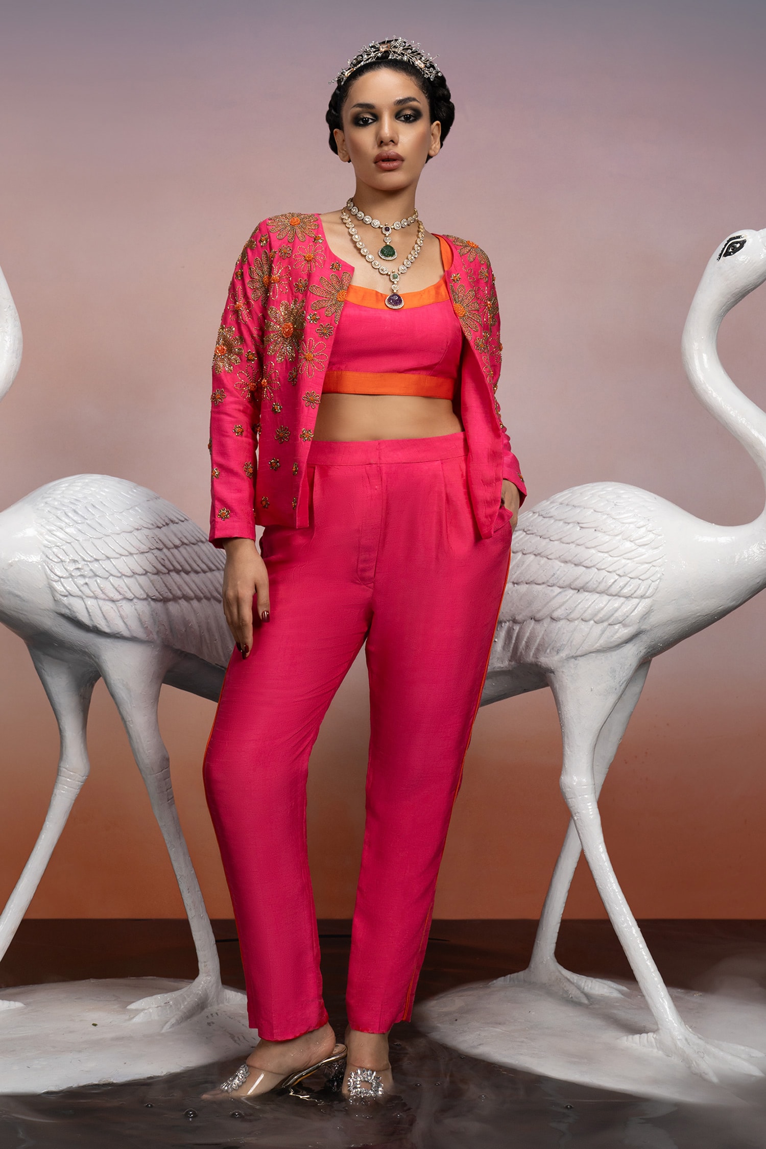 Buy Pink Dupion Silk Embroidery Crystal Lily Semi Round Blazer Pant Set For Women by Mona and