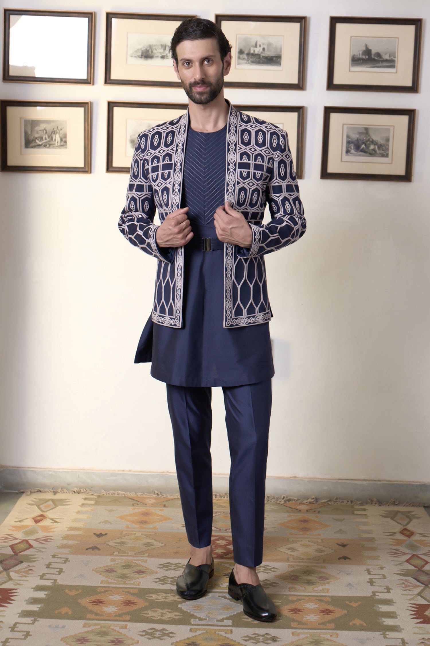 Buy Blue Suede And Cotton Silk Embroidery Jamuni Imam Bandhgala Pant