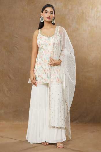 Ishin Women's Georgette Green Embroidered A-Line Kurta Sharara Dupatta Set main image 0