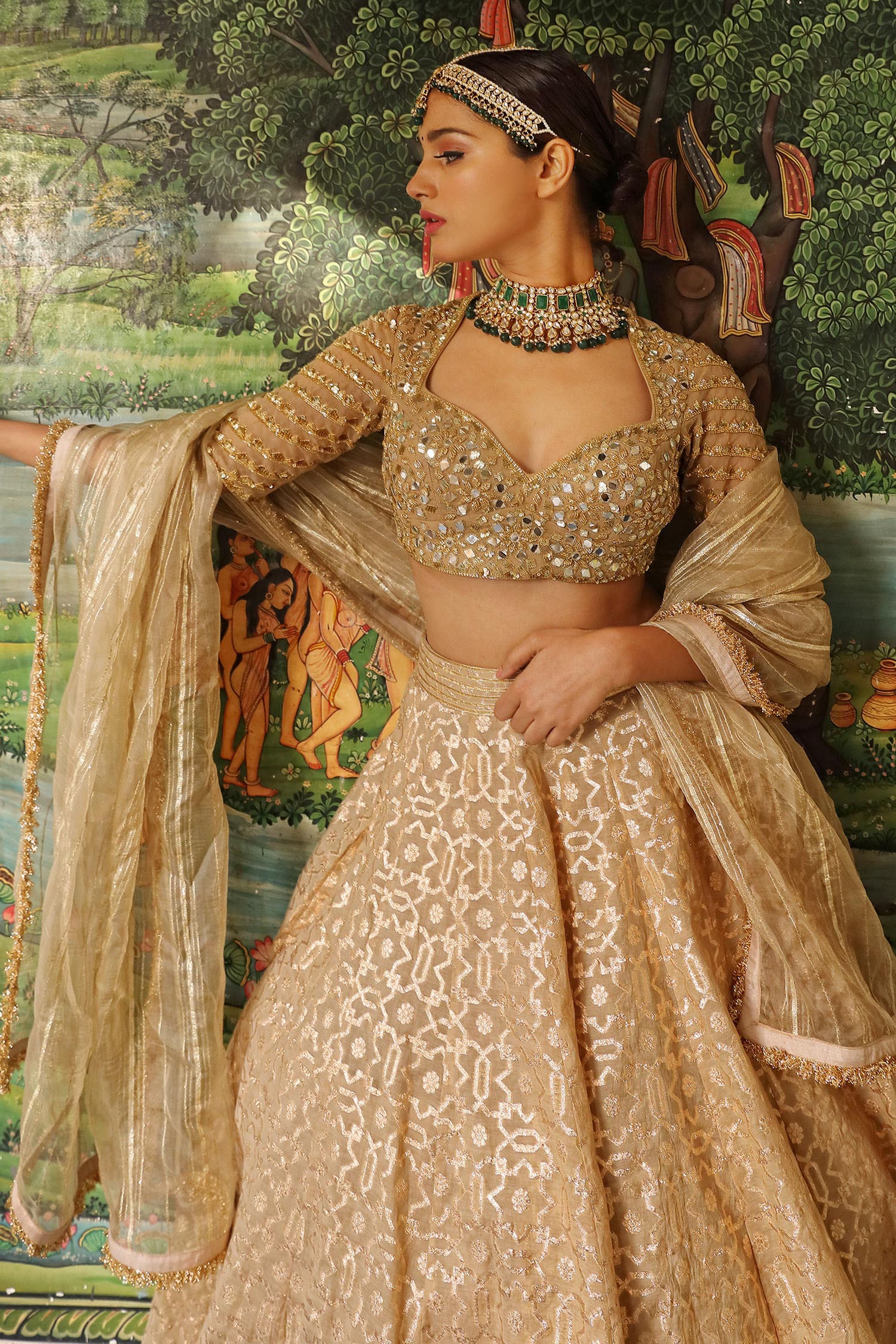 Woven Geometric Pattern Bridal Lehenga Set 