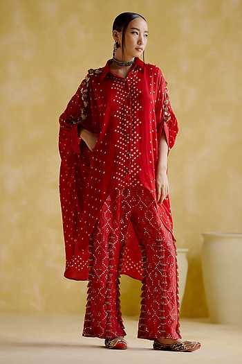 Red Cotton Blend Bandhani print and Embroidered Relex fit Pocket Boxy Shirt Style Top