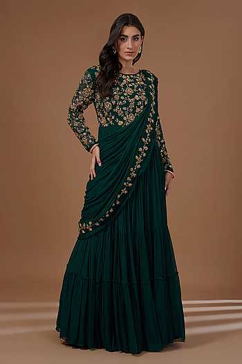 green saree dress Isla Emerald Green Satin Shoulder Drape Saree Dress