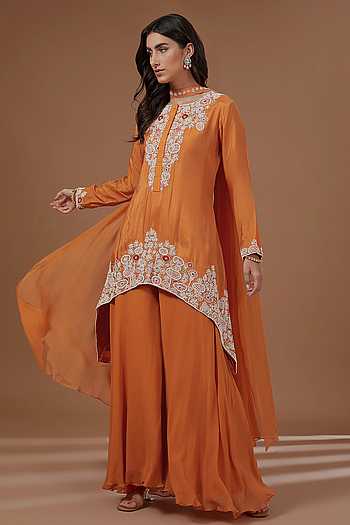 Dark Peach Bamberg Silk Kurta with Embroidered Horse and White Pyjama