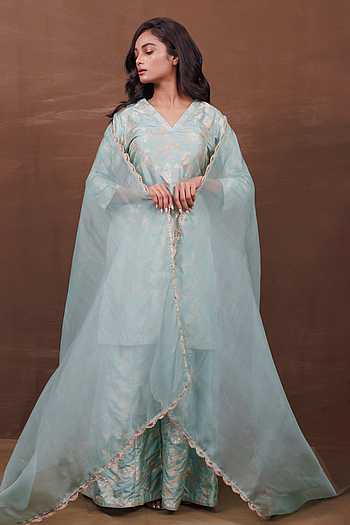 Blue Jacquard Booti Anarkali Kurta Set For Women & Sharara Kurta Set For Girl