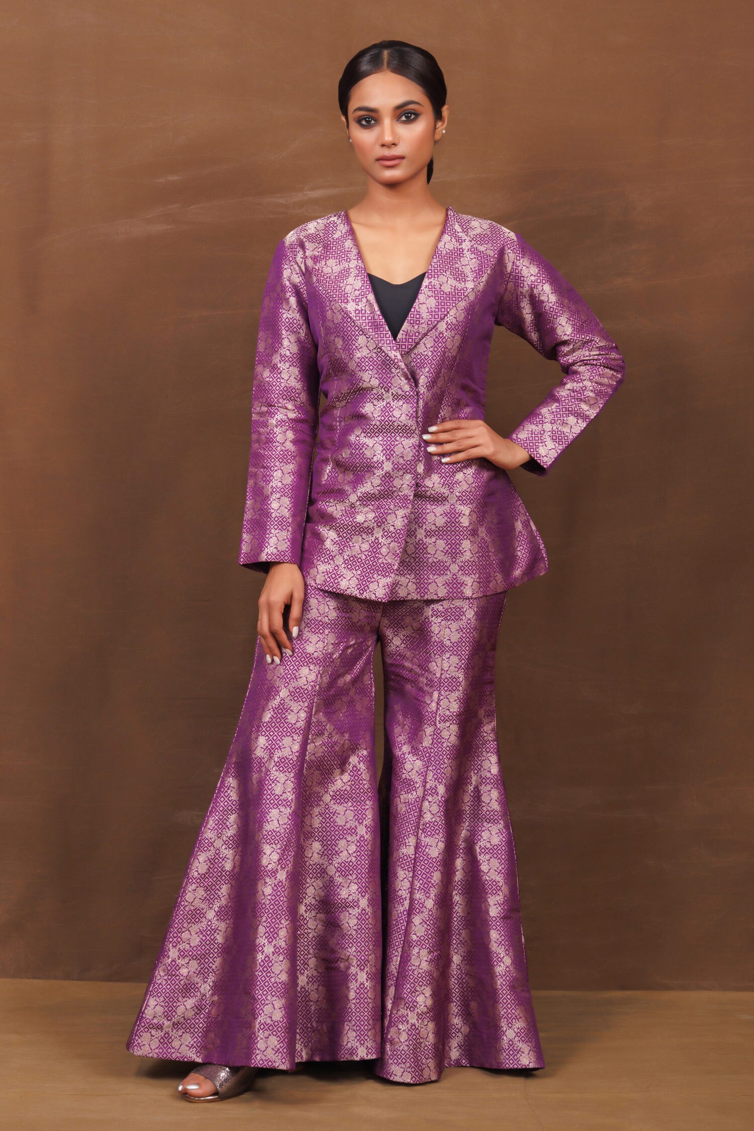 Buy Purple Banarasi Silk Handwoven Floral Lapel Collar Jacket With ...