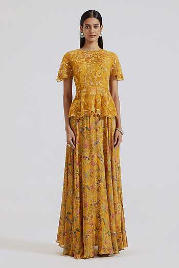 Yellow Chinon Silk Skirt Set With Top For Indian & Pakistani Wedding Festival - Mirror & Dori With Thread & Sequence Work main image 1