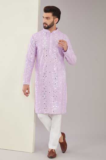Geometric Print Silk Blend Straight Kurta Set For Men main image 0