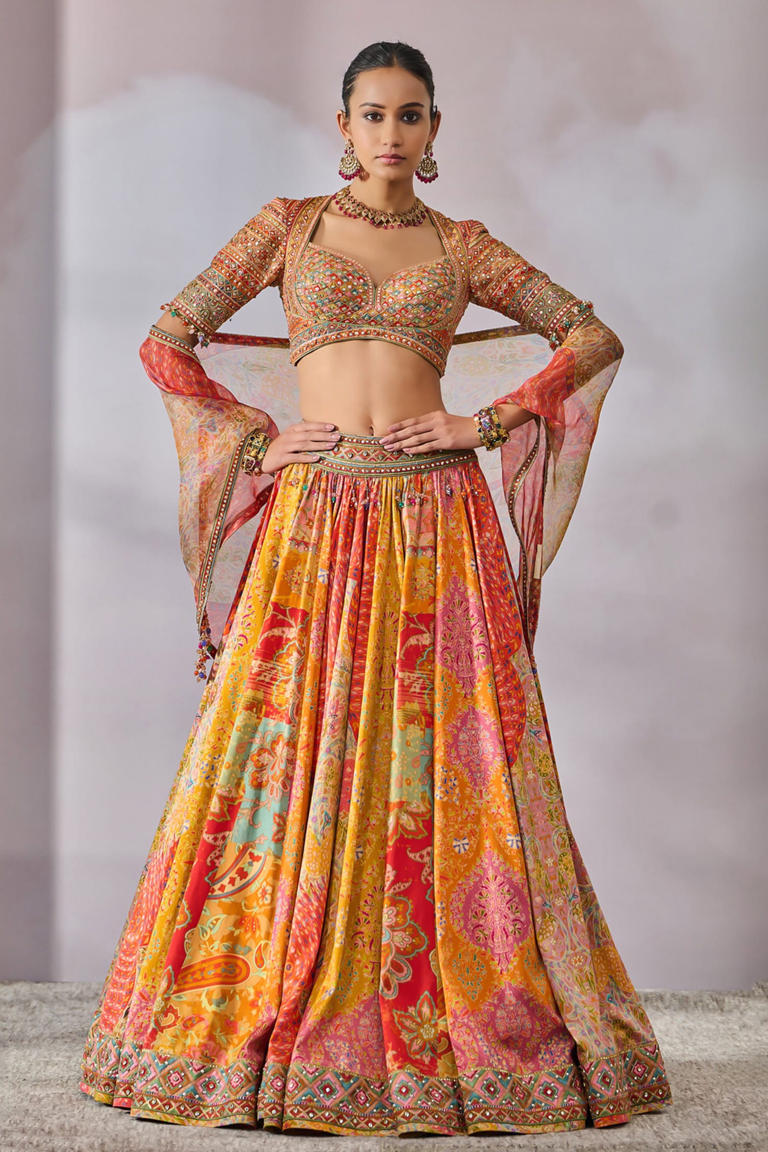 Buy Multi Color Lehenga Sheer Silk Printed And Hand Pleated Set For