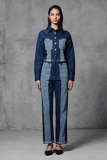 Denim Crop Jacket Straight Pant Set