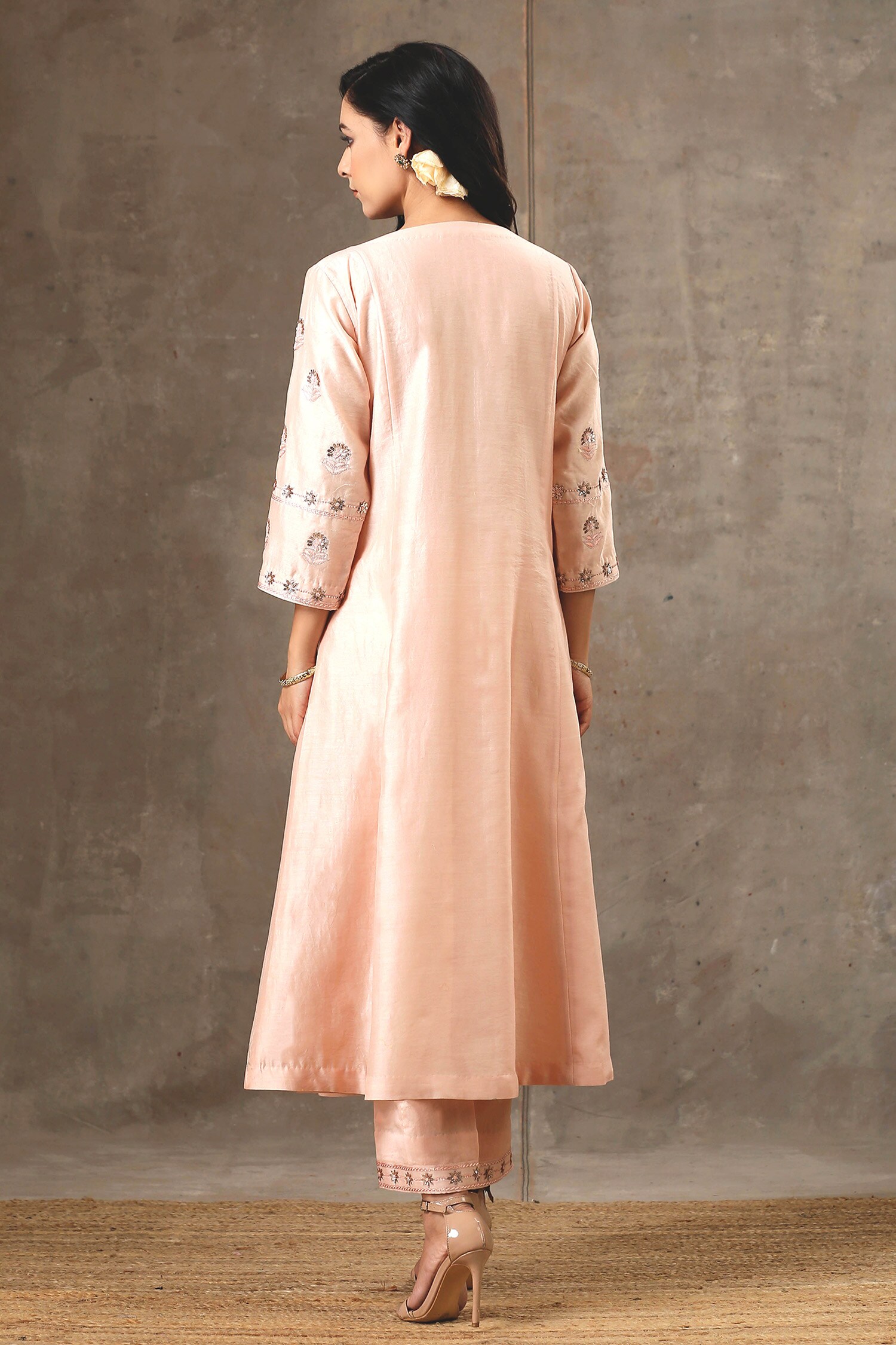 Buy Peach Pure Handloom Chanderi Silk Embroidery Thread Flower 