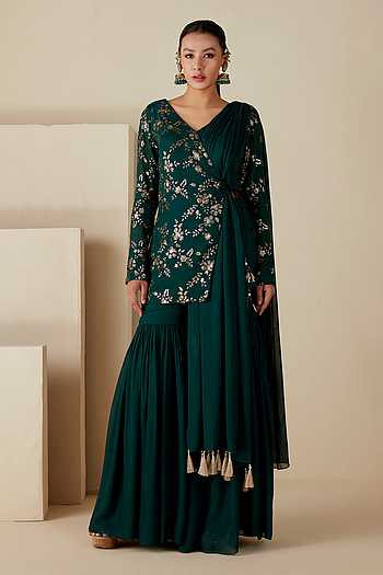 Mauve Resham & Sequins Embellished Georgette Kurta Sharara Dupatta Set