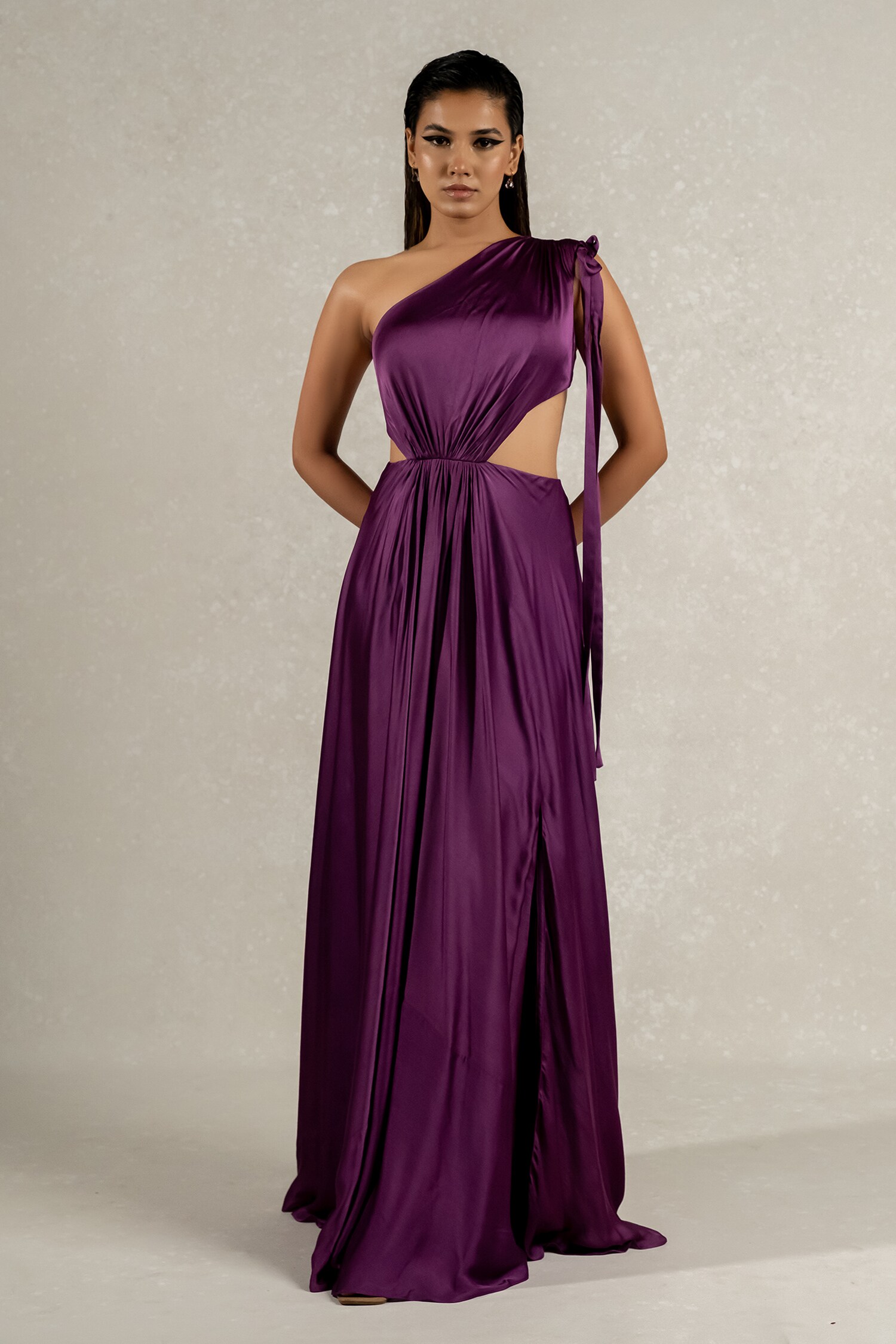Buy Purple Satin Georgette Asymmetric Side Cut One Shoulder Gown For ...