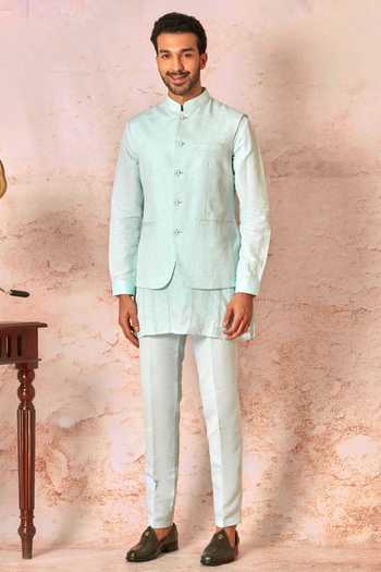 Boy Fancy Zari Embroidered Bundi Set-Teal Blue
