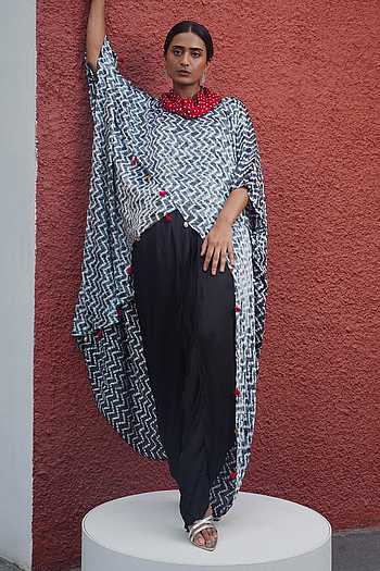 Buy Black Modal Silk Embellished Shell Overlap Bandhani Printed Kaftan ...