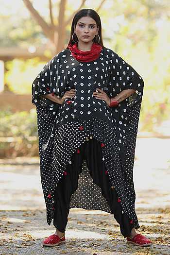 Buy Black Modal Silk Printed Tassels Cowl Bandhani Pattern Overlap Top ...