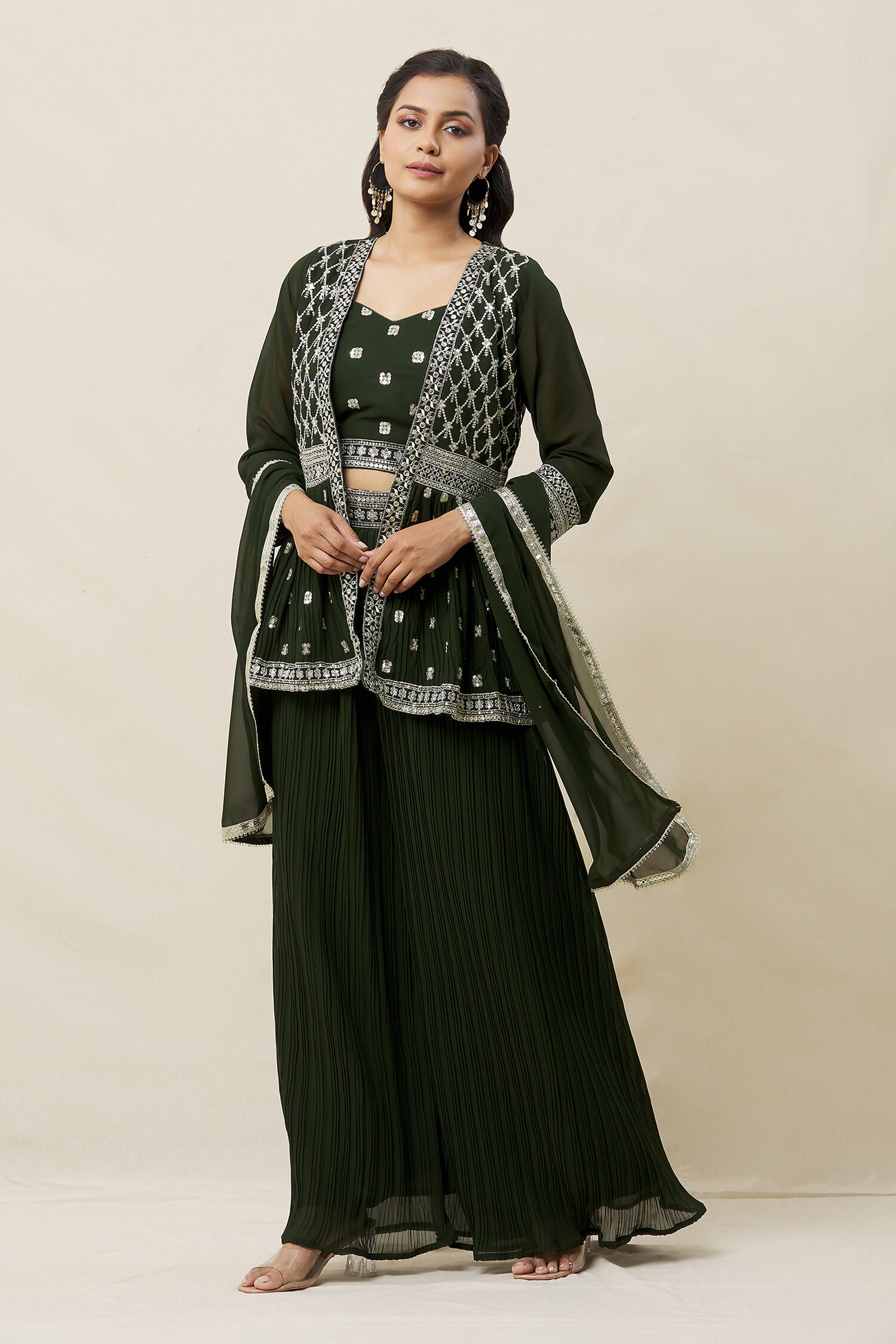 Buy Green Embroidery Zari Jacket Open Thread Flared Pant Set For Women by Samyukta