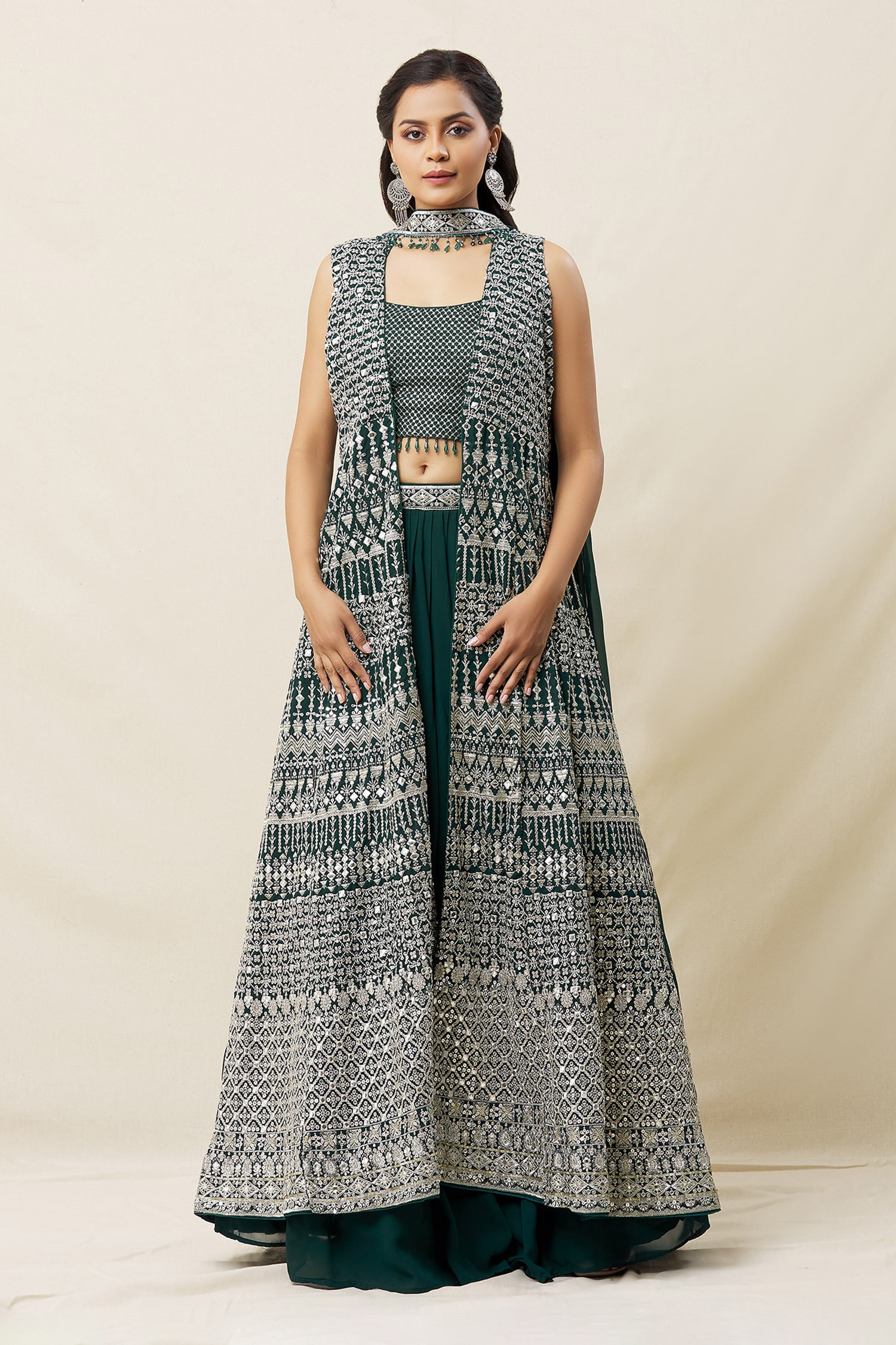 Buy Green Embroidery Zari Jacket Open Lehenga Set For Women by Samyukta Singhania