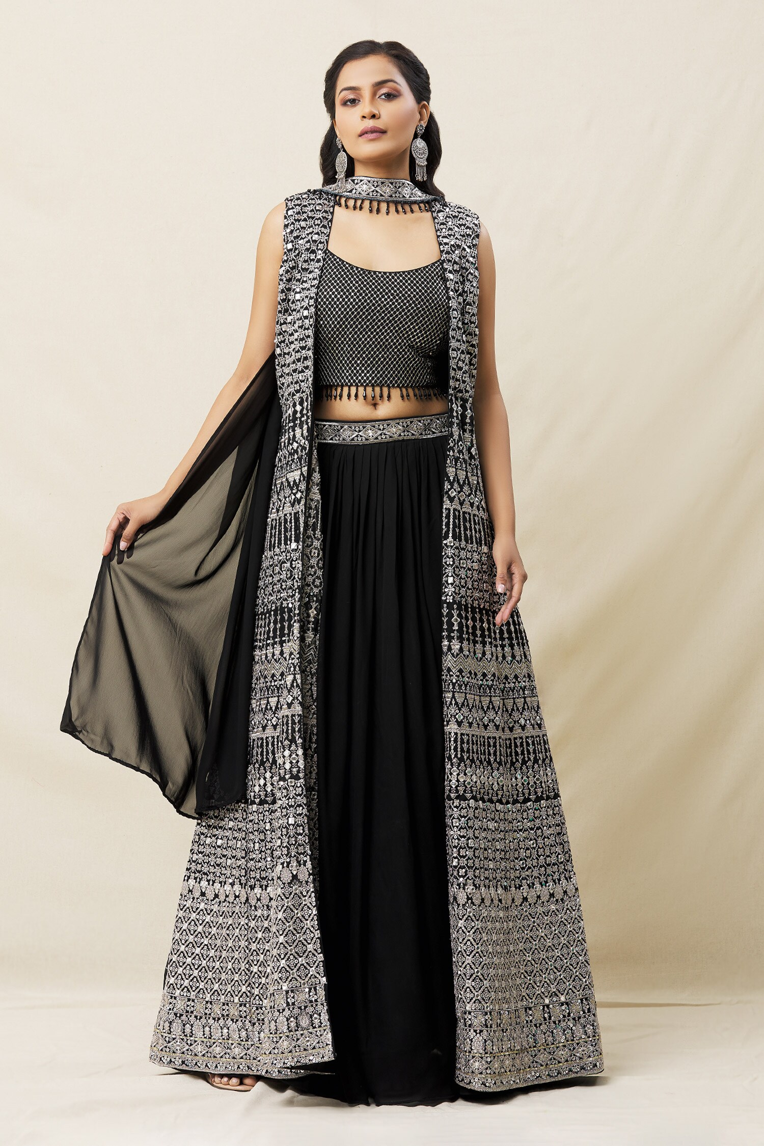 Buy Black Embroidery Zari Jacket Open Work Lehenga Set For Women by Samyukta Singhania