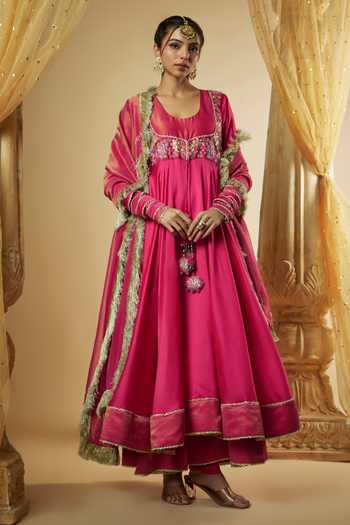 Women Navy & Pink Chanderi Floral Aanrkali Skirt