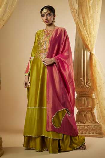Plus Size Paisley Embroidered Chanderi Silk Straight Kurta